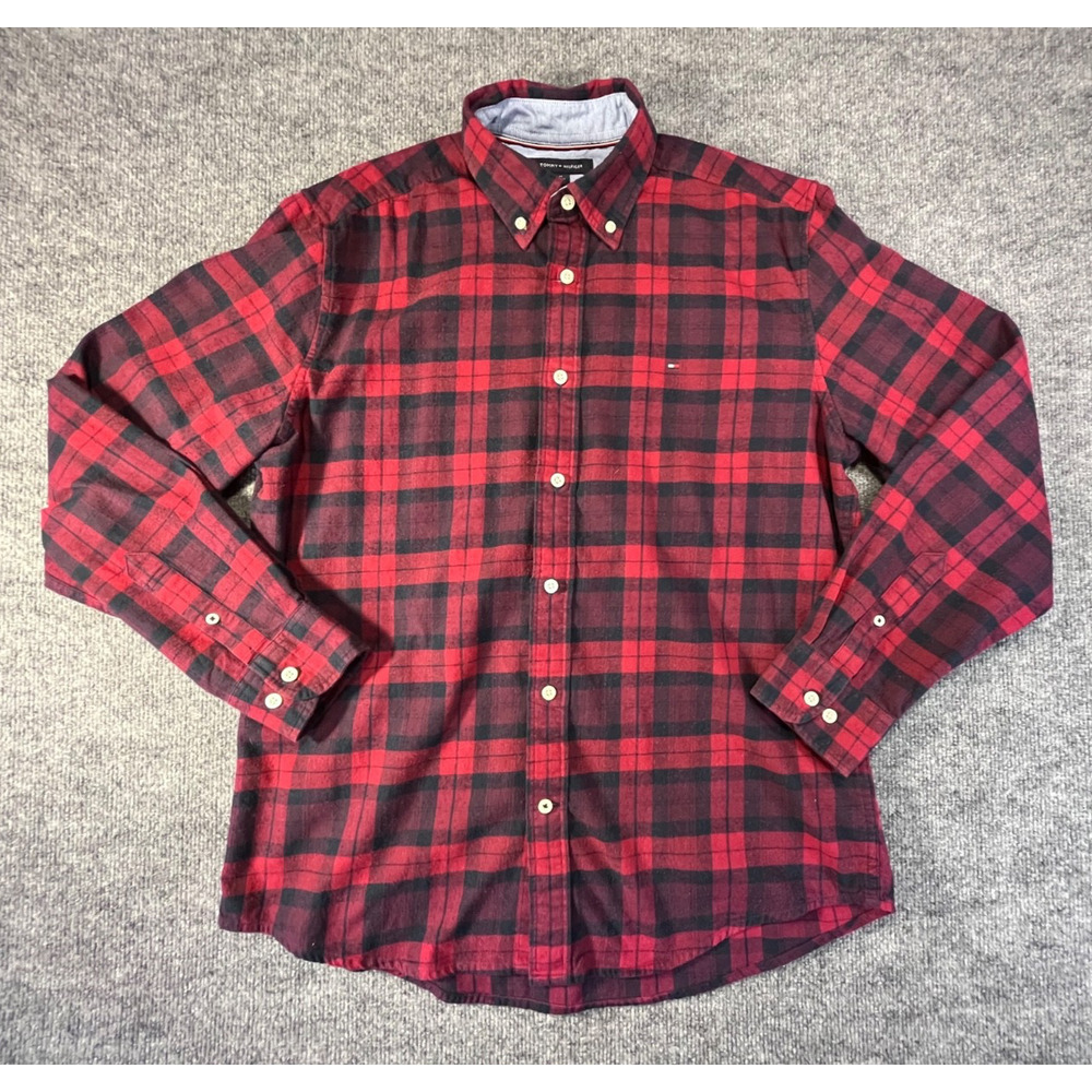 Tommy Hilfiger Shirt Mens M Long Sleeve Button Red Black Plaid Flannel Cotton